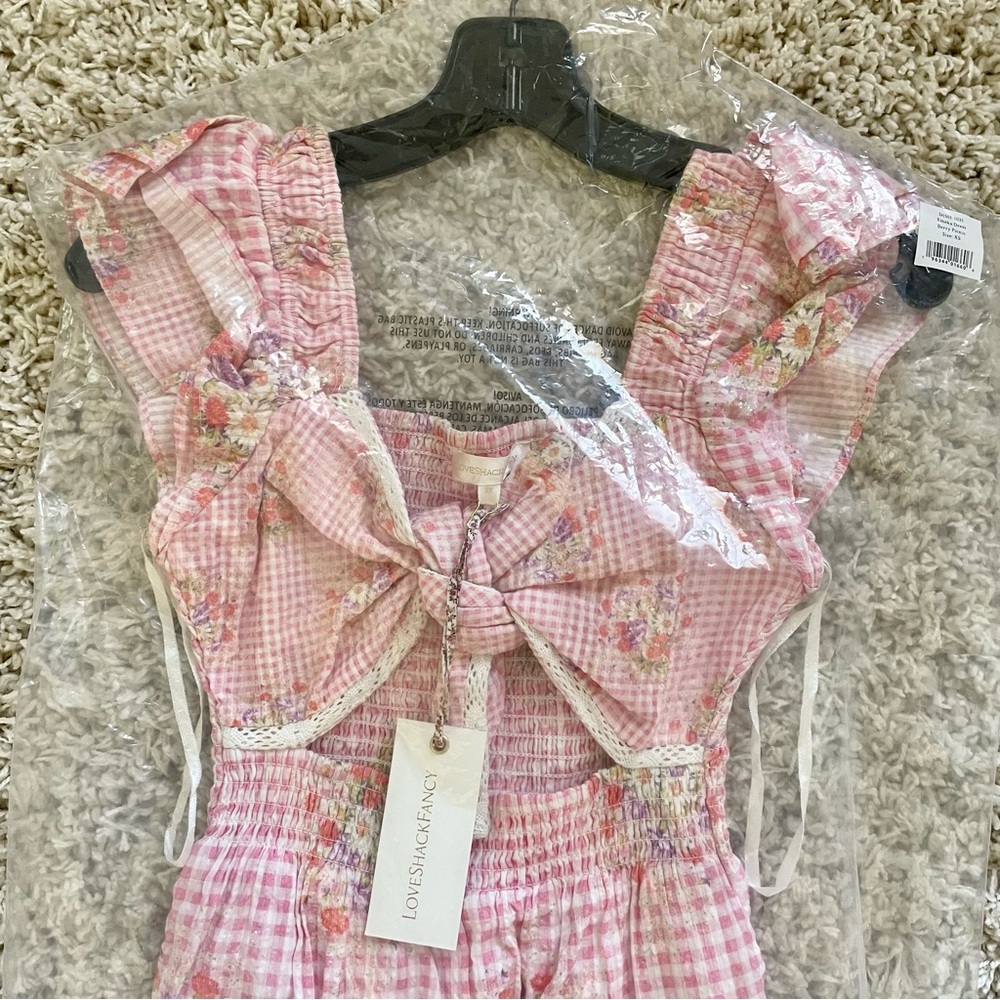 Loveshackfancy Strapless Pink Gingham Floral Dress - image 6